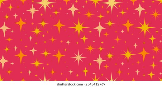 Nahtloses Muster mit goldenem Stern und flachen Sparkes-Symbolen. Netter Hintergrund mit leuchtenden Lichtern. Modernes Urlaubsdesign mit verschiedenen Sternenformen 