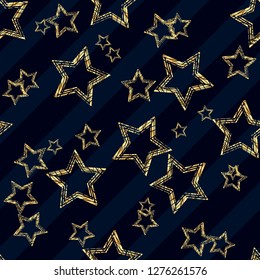 Golden star seamless pattern. Golden star on blue and black diagonal lines background. eps10