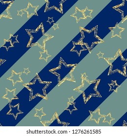 Golden star seamless pattern. Golden star on blue and black diagonal lines background. eps10