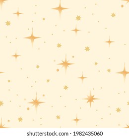 Golden star seamless pattern. Starry sparkle shine beige background illustration. Night abstract art design.