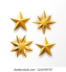 Golden star set. Vector realistic ranking symbol, top award, shiny medal object. Christmas tree decoration, symbol of success, achievement. Bright luxury sharp shape, isolated illustration