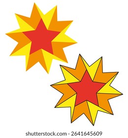 Golden star shapes. Bright burst design. Yellow radiant symbols. Vector decoration elements.