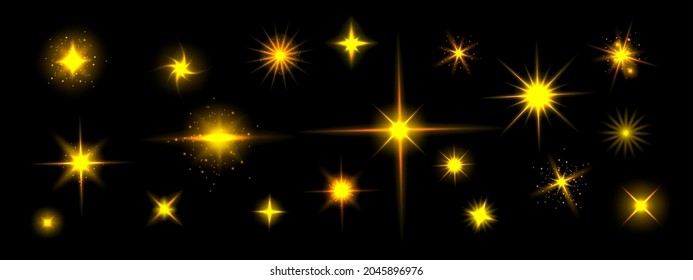Golden star shine effects, flash lights with sparkles and glow rays isolated on black background. Vector realistic set of bright yellow glare, gold flare with shiny beams
