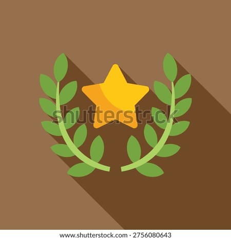 Golden star shining above laurel wreath, symbolizing victory, achievement, and excellence in a minimalist flat design with long shadow 