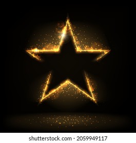 Estrella dorada con brillo, brillo, polvo de estrellas y brillo, brillante estrella dorada. Estrella vectorial con bordes brillantes, borde vacío con efecto de brillo y lente. Fondo de plantilla de celebración de premios