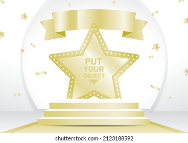 golden star stage display with luxury ribbon sign 3d illustration vector for putting object