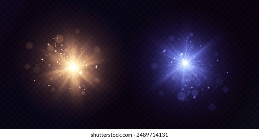 Golden star or sun with highlights. The effect of an explosion of light energy. Vector light effect