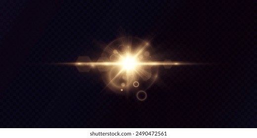 	
Golden star or sun with highlights. The effect of an explosion of light energy. Vector light effect 