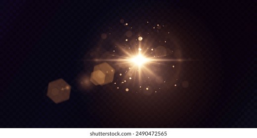 	
Golden star or sun with highlights. The effect of an explosion of light energy. Vector light effect 
