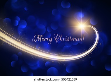 Golden star trail holiday vector background with shiny bokeh. Eps10.