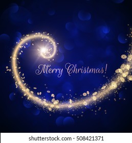 Golden star trail holiday vector background with shiny bokeh. Eps10.