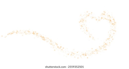 A golden star trail in the shape of a heart. Shimmering dust particles fly and leave behind a heart shaped trail. PNG. Bright particles glow with the special festive light of Christmas. 