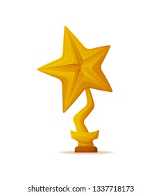 Golden star trophy award vector isolated icon. Reward in shape of reel with stripe on pedestal with name table, champion reward