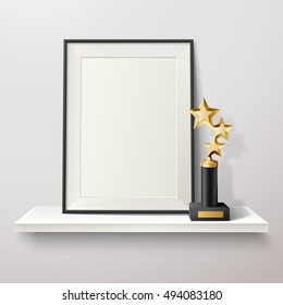 Golden Star Trophy And Blank Frame On White Shelf On White Background Vector Illustration