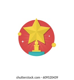 Golden star trophy icon isolated on white background in flat design style. Trophy and awards vector flat design.