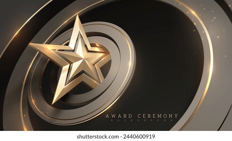 Golden star trophy on an elegant black circular podium with warm light and bokeh. Luxury award ceremony background.