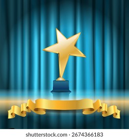 Troféu estrela dourada em um palco com fundo de cortinas azuis e fita dourada para texto. Ilustração de prêmio elegante para cerimônia, celebração, reconhecimento ou conceito de realização.