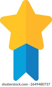 Golden star with two downward blue ribbons in flat vector style, symbolizing achievement, award, or certification, ideal for educational, promotional, or recognition graphics