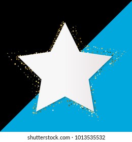 Golden star vector banner on black and blue background. Gold glitter star. Gold template star for banner, card, vip, exclusive, certificate, gift, luxury, privilege, voucher, store, present, shopping
