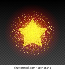 Golden star vector banner on the background. Gold template star for banner, vip card, exclusive, certificate, gift. Star Dust. Stardust spark the explosion on background. Vector illustration 3D