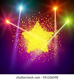 Golden star vector banner on light background. Gold template star for banner, vip card. Star Dust. Stardust spark the explosion on background. Vector illustration 3D