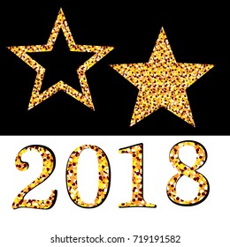 Golden star vector banner on white, black background. Gold glitter star. Gold template star New year, Christmas, 2018 