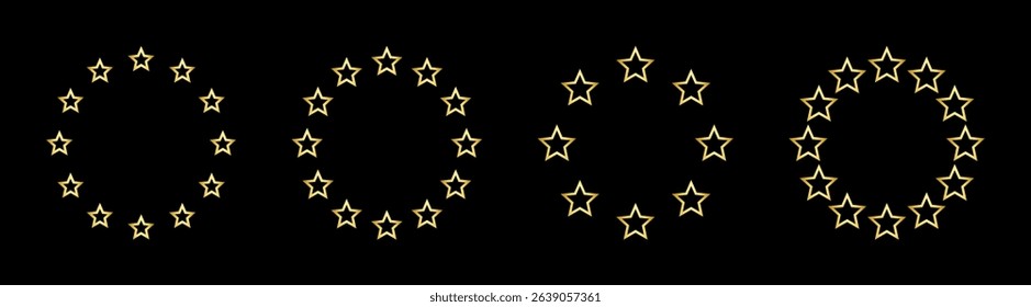 Golden star vector icons. Shiny star circle frame, starry glitter stamp. Stars of various sizes arranged in a circle.