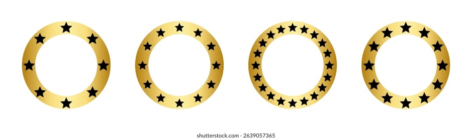 Golden star vector icons. Shiny star circle frame, starry glitter stamp. Stars of various sizes arranged in a circle.