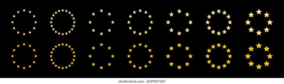 Golden star vector icons. Shiny star circle frame, starry glitter stamp. Stars of various sizes arranged in a circle.