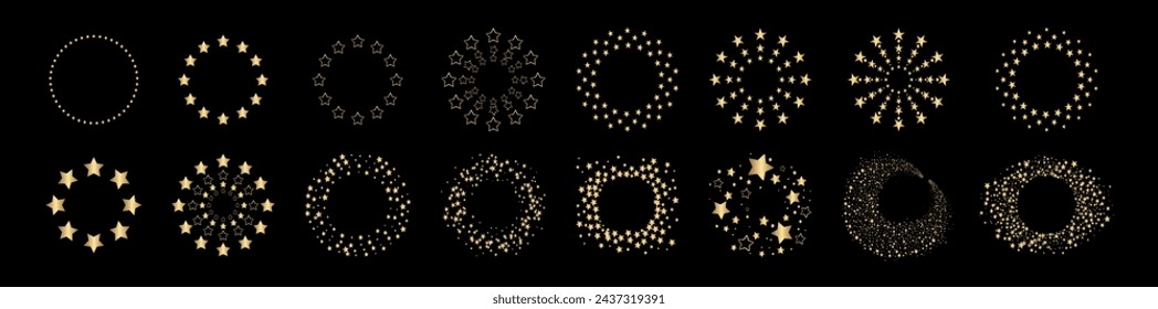 Golden star vector icons. Yellow stars in the form of a circleStardust frames. Shiny star circle frame, starry glitter stamp