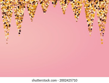 Fondo rosa del vector estrella dorada. Papel tapiz de polvo festivo amarillo. Cartel de Navidad Espacial.  Plantilla de destello de brillo.