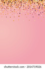 Golden Star Vector Pink Background. Gold Shiny Confetti Border. Starry Party Banner.  Shiny Celebration Glow Design.