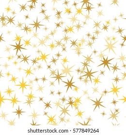 Golden star vector seamless background. Confetti fall chaotic decor. Golden starlit card vector template. Shiny star with eight beams pattern. Abstract astral design. Night objects, light symbols.