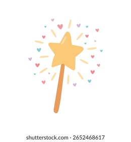 Vara estrela dourada brilha com corações flutuantes e energia mágica nesta ilustração de sonho perfeita para fantasia, feitiço e cenas de conto de fadas.