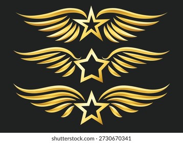 Estrella de oro con alas logo conjunto. Estrellas aladas aisladas en Ilustración vectorial negra