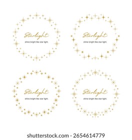 Coroas de estrelas douradas com texto "Starlight", perfeito para cartões festivos, convites ou decoração elegante. Os quadros celestes cintilantes acrescentam charme e calor.