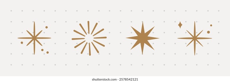 Golden starbursts in a row, featuring four unique star designs. Starbursts with dots, lines, and varied shapes. Elegant starbursts on a light background. Festive element set. Vectors.