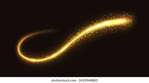 Golden stardust burst trace realistic vector illustration. Magical glitter flow. Twinkling fairy shimmer trail 3d element on black background