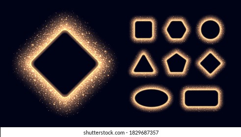 Golden stardust frames collection, shiny borders with sparkles and flares. Glowing luminous borders with particles isolated on a black background. Cosmic backdrop, Christmas vector effect.