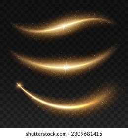 Golden stardust and glitters. Festive golden effect, luxury twinkling curve or glamorous sparkling 3d vector strokes. Flowing glowing realistic wave or stardust isolated lines with glitter particles