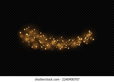 Golden stardust particles isolated on dark background. Glittering stream or smoke. Magic sparks and light glares. Flying gold wave with shining sparkles.