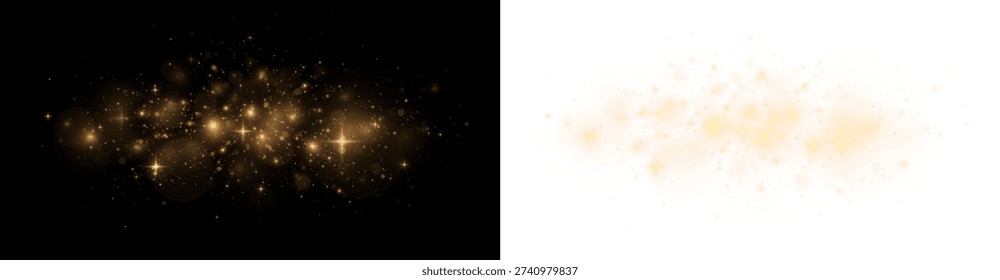 Golden stardust, sparkling particles, and twinkle lights on a bright holiday background.