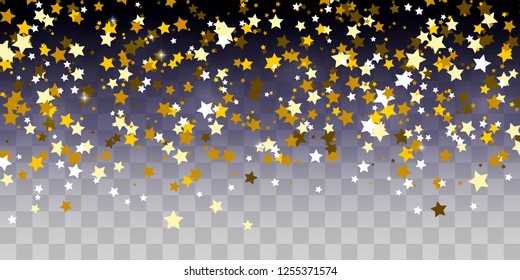 Golden starry confetti on transparent background
