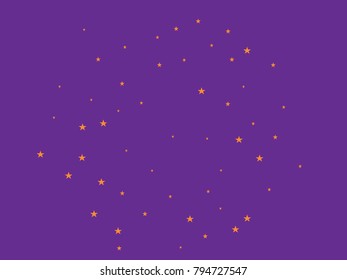 Golden starry in purple background. Tiny gold stars. Confetti celebration, Falling golden abstract decoration for party, birthday celebrate, anniversary or event, festive. Festival decor.