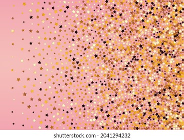 Golden Starry Vector Pink Background. Yellow Magic Shine Illustration. Glitter Falling Design.  Sparkling Elegant Rain Texture.