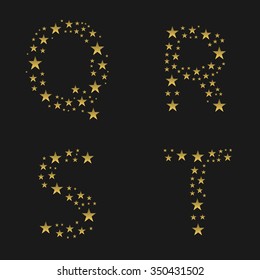 Golden stars alphabet. Q R S T letters, Vector illustration