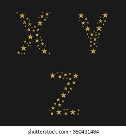 Golden stars alphabet. X Y Z letters, Vector illustration