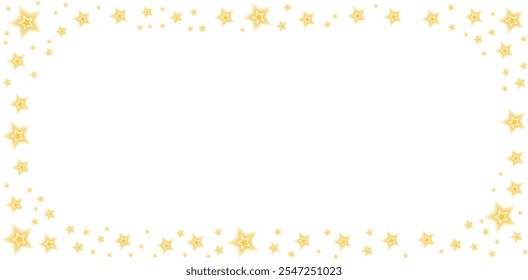 Estrellas doradas con aura, Navidades brillantes Anuncio de confeti con marco. Brillante hermosa Plantilla abstracta. Fondo de tarjeta de felicitación de Vector de oro brillante