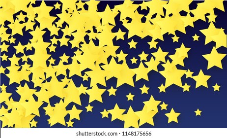 Golden Stars Background. Beautiful Golden Stars Confetti on Blue Background. Banner, Greeting Card, Christmas card, Postcard, Packaging, Textile Print. Beautiful Night Sky. Vector 