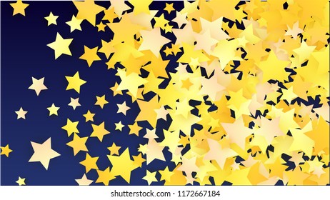 Golden Stars Background. Beautiful Golden Stars Confetti on Blue Background. Banner, Greeting Card, Christmas card, Postcard, Packaging, Textile Print. Beautiful Night Sky. Vector 
